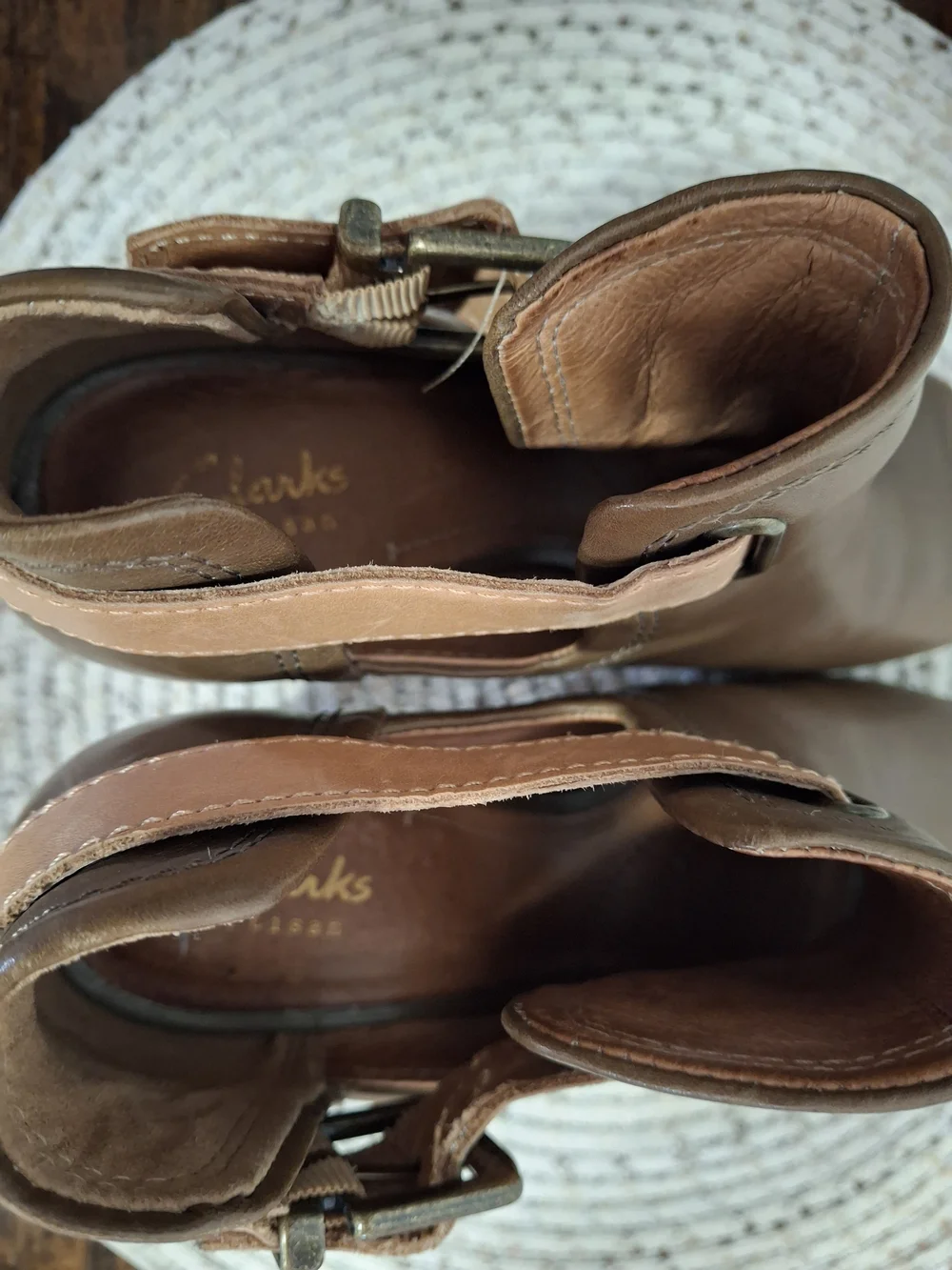 Women’s ClarksBrown Open-Toe Heeled Ankle Boots with Buckle Size 7.